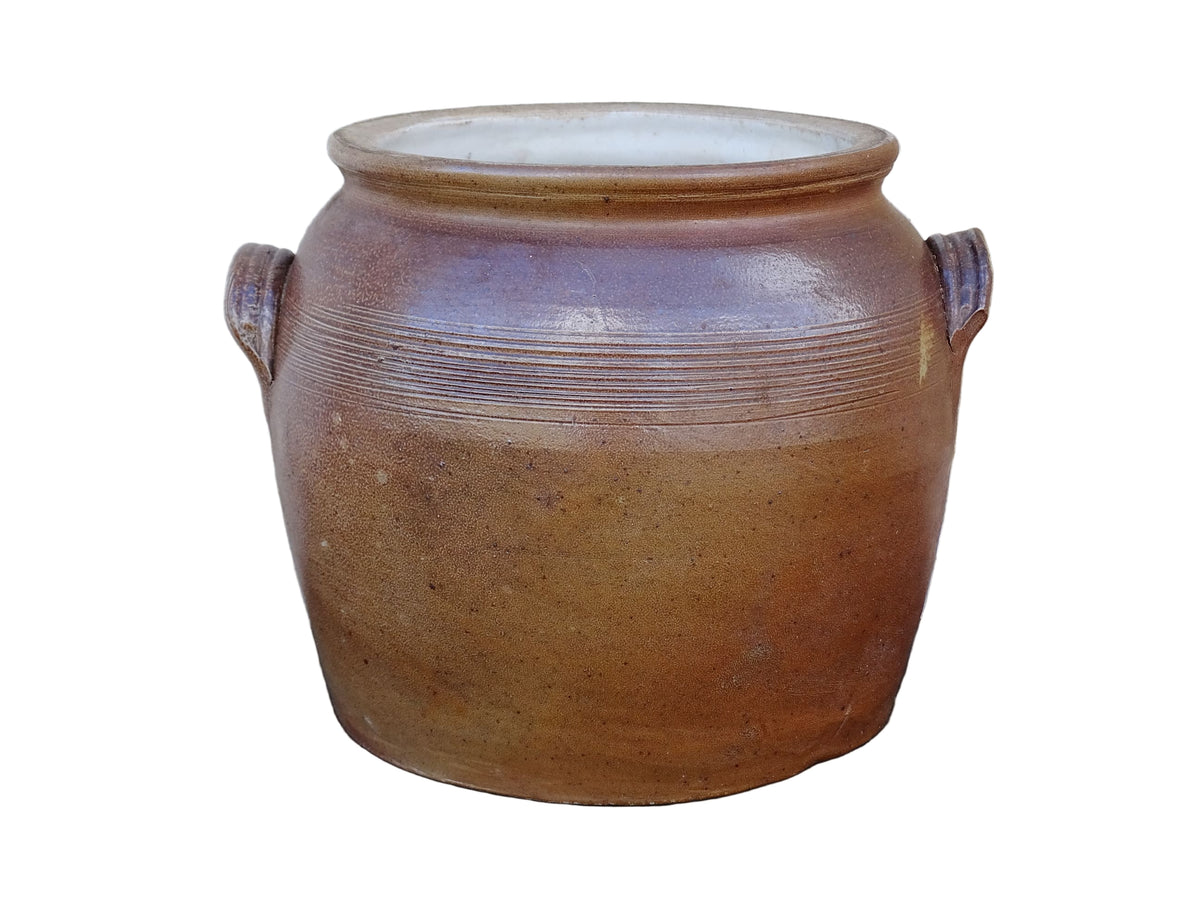 Rutsic French antique stoneware confit pot with a brown glaze. Salt glazed pottery cache pot.
