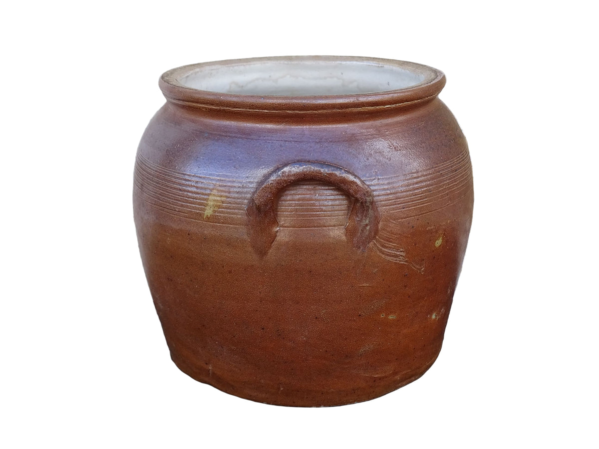 Rutsic French antique stoneware confit pot with a brown glaze. Salt glazed pottery cache pot.