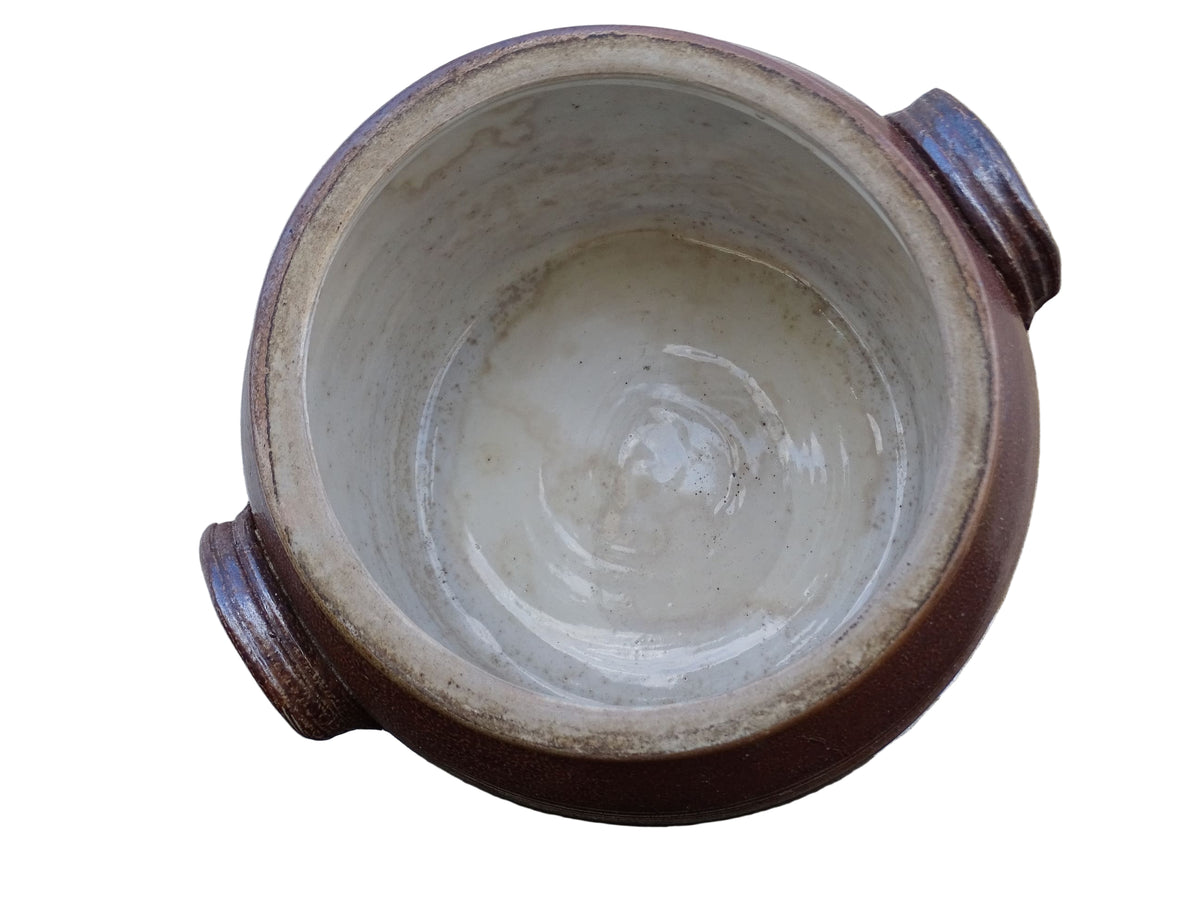 Rutsic French antique stoneware confit pot with a brown glaze. Salt glazed pottery cache pot.
