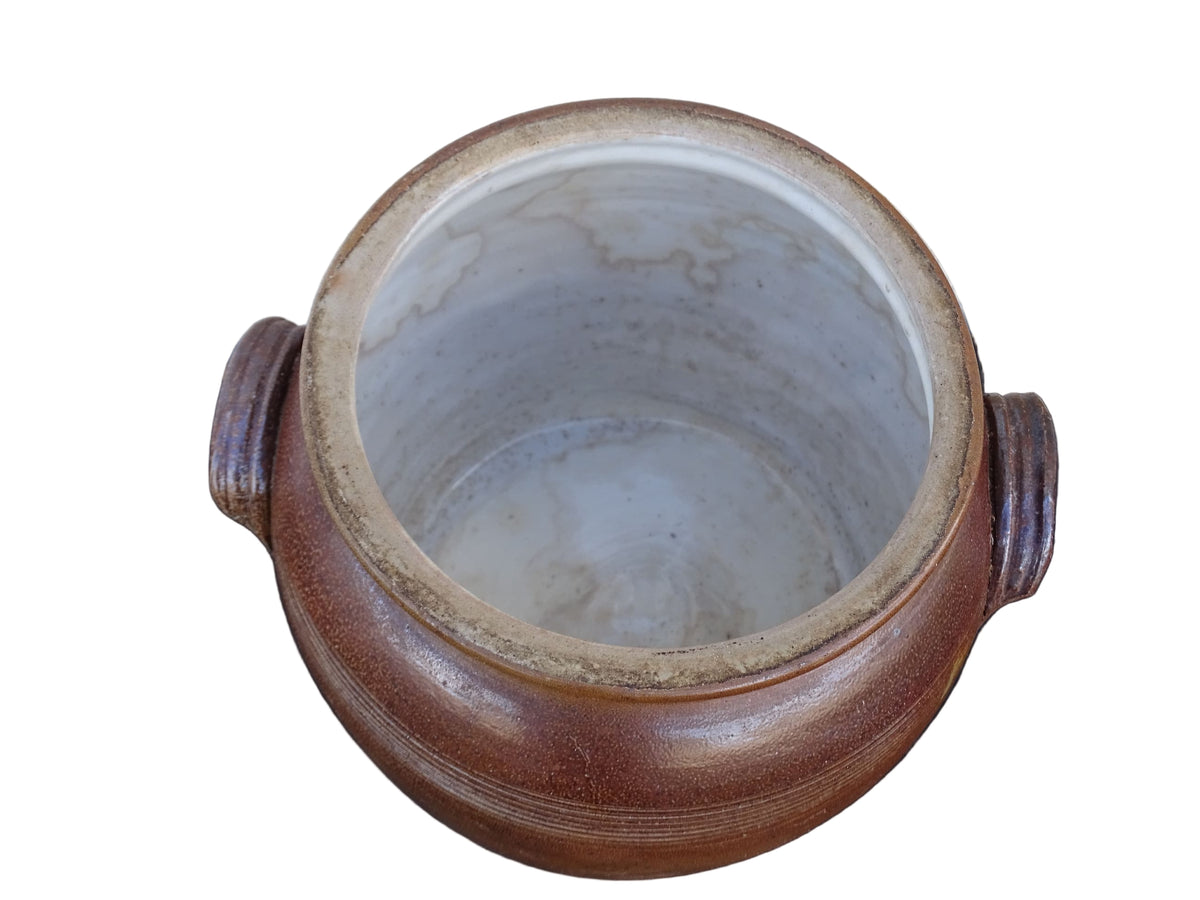 Rutsic French antique stoneware confit pot with a brown glaze. Salt glazed pottery cache pot.