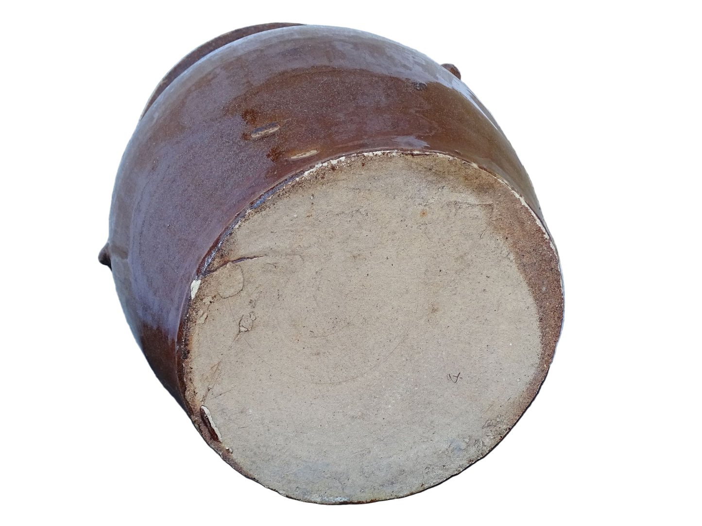 French antique stoneware preserving jar with a brown glaze. Rustic pottery cache pot with a high gloss glaze.