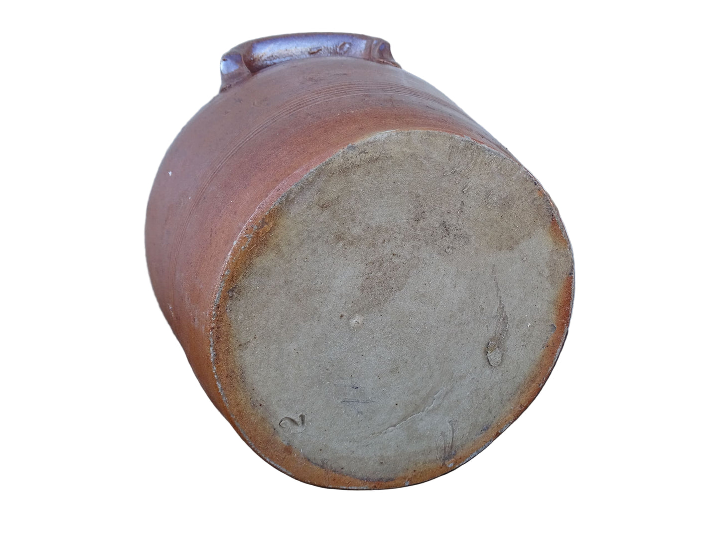 Small French antique pottery confit jar with a brown salt glaze. Rustic stoneware pot.