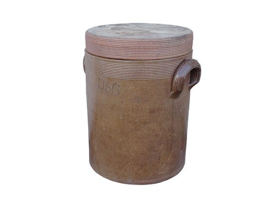 Large vintage French pottery confit jar with lid and handles in a brown glaze.
