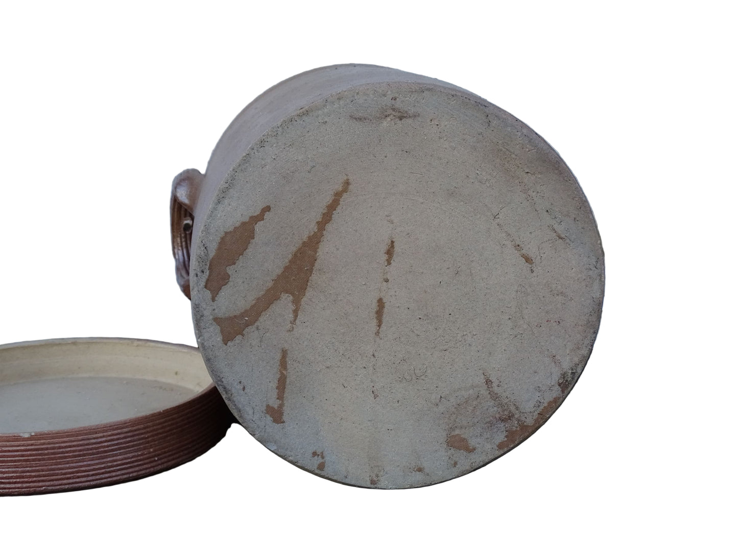 Large vintage French pottery confit jar with lid and handles in a brown glaze.