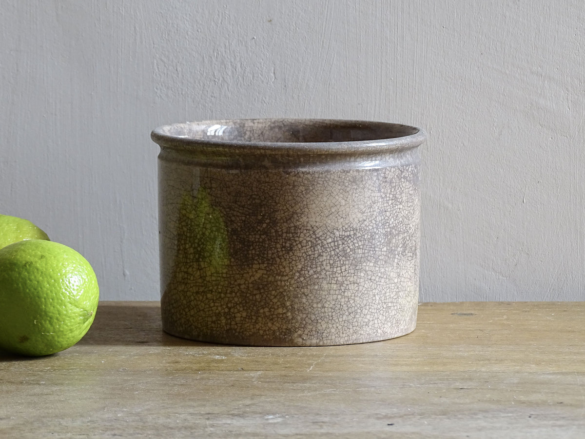 French antique Vallauris ceramic confiture pot. Timeworn pottery jam pot with patina.