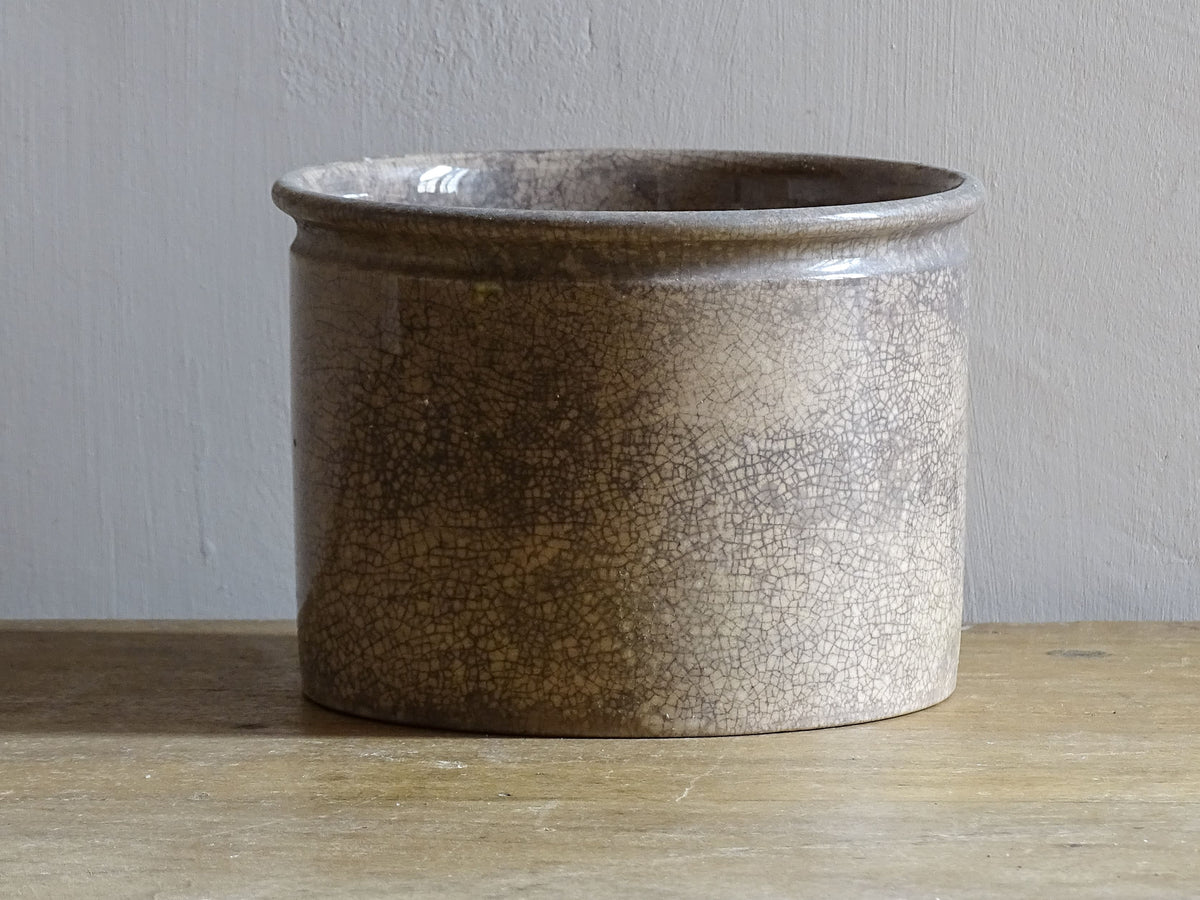 French antique Vallauris ceramic confiture pot. Timeworn pottery jam pot with patina.