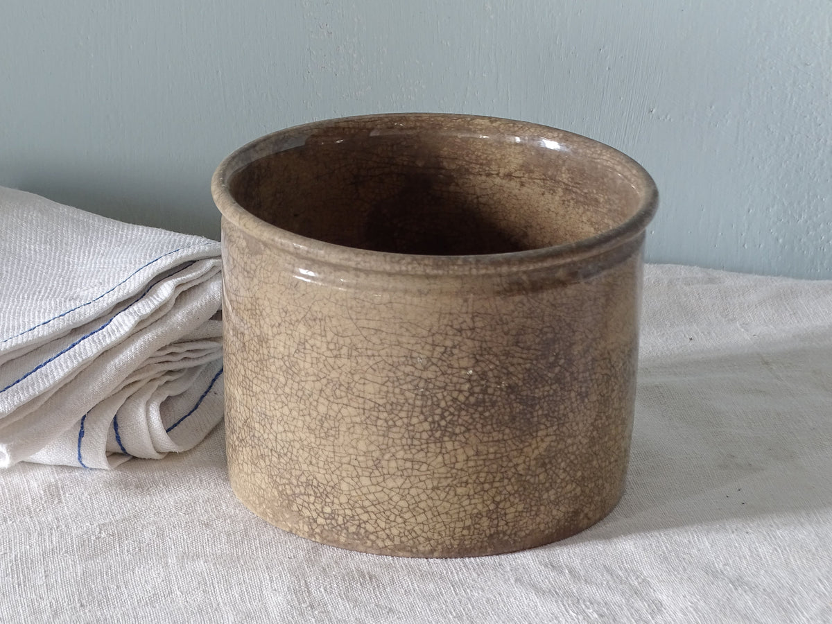 French antique ironstone confiture pot with worn glaze