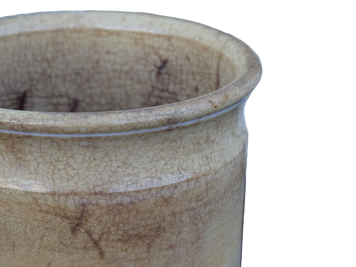 Timeworn French antique ceramic pots by Sarreguemines. 19th century rustic pottery confiture pots for a French country farmhouse display.