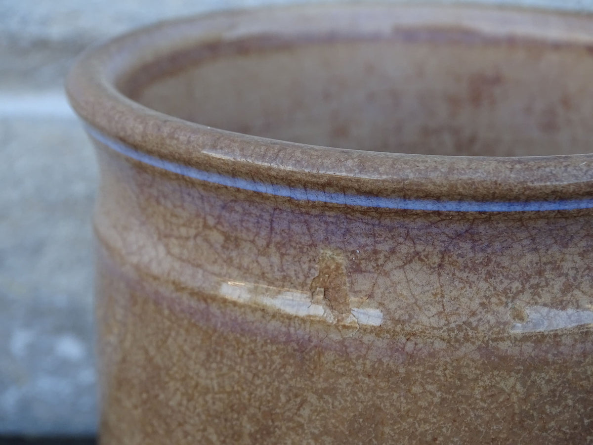 Timeworn French antique ceramic pots by Sarreguemines. 19th century rustic pottery confiture pots for a French country farmhouse display.