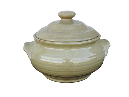 Vintage French pottery tureen with a pale yellow glaze.