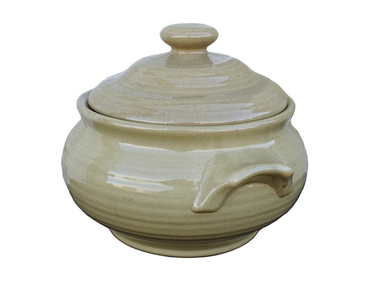 Vintage French pottery tureen with pale yellow glaze.