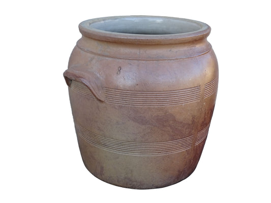 Large and impressive French antique pottery confit pot with a brown salt glaze. Stoneware jar with handles.
