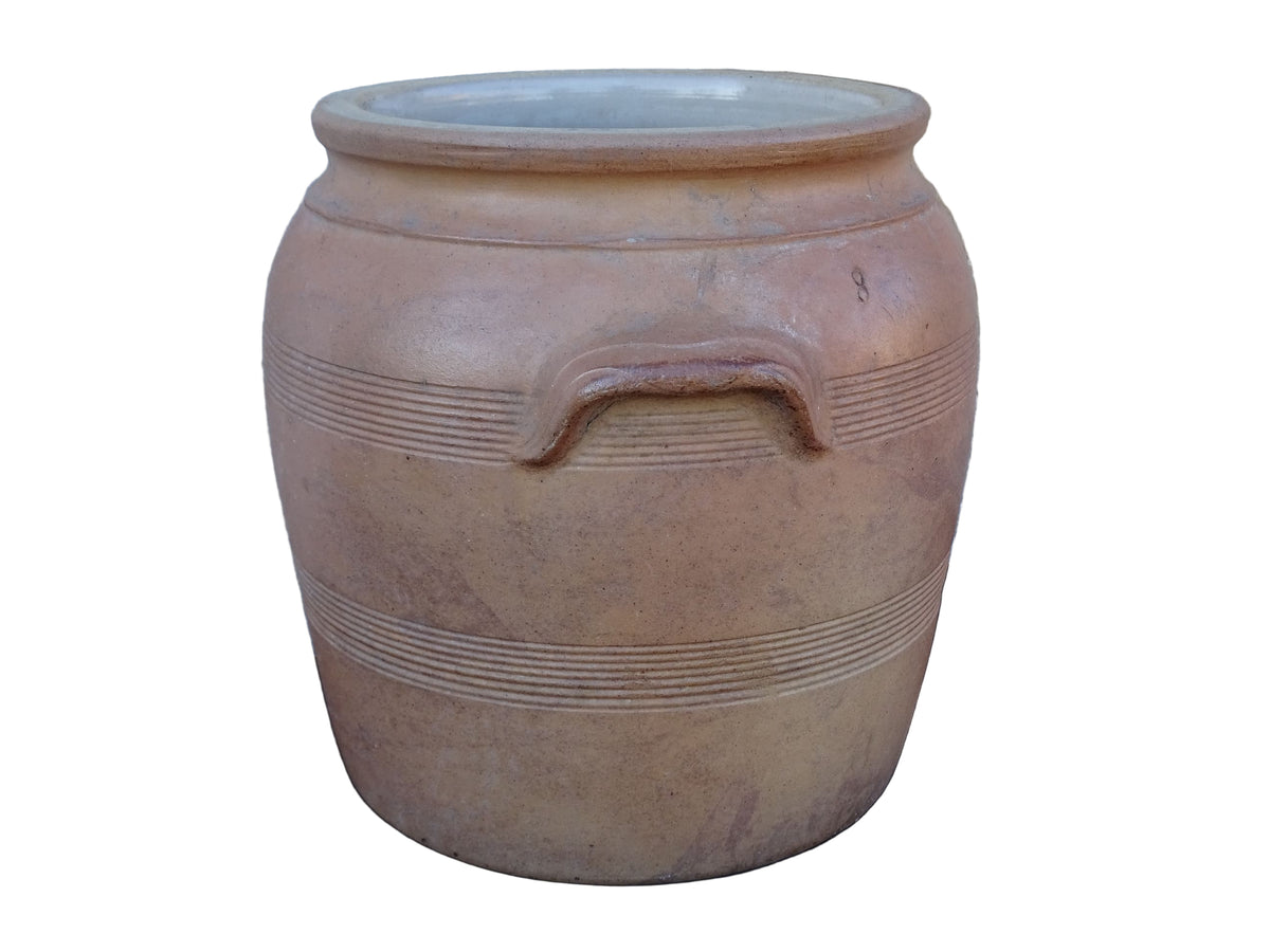 Large and impressive French antique pottery confit pot with a brown salt glaze. Stoneware jar with handles.