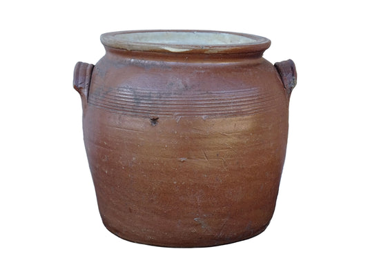 French antique pottery confit jar with a brown glaze. 20th century salt glazed stoneware cache pot.