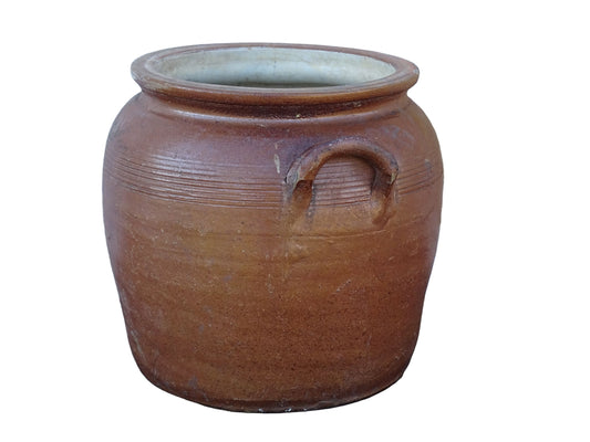 French antique pottery confit jar with a brown glaze. 20th century salt glazed stoneware cache pot.