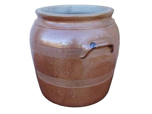 French antique ceramic jar with salt glaze. Brown confit pot with two handles and grey glaze interior.