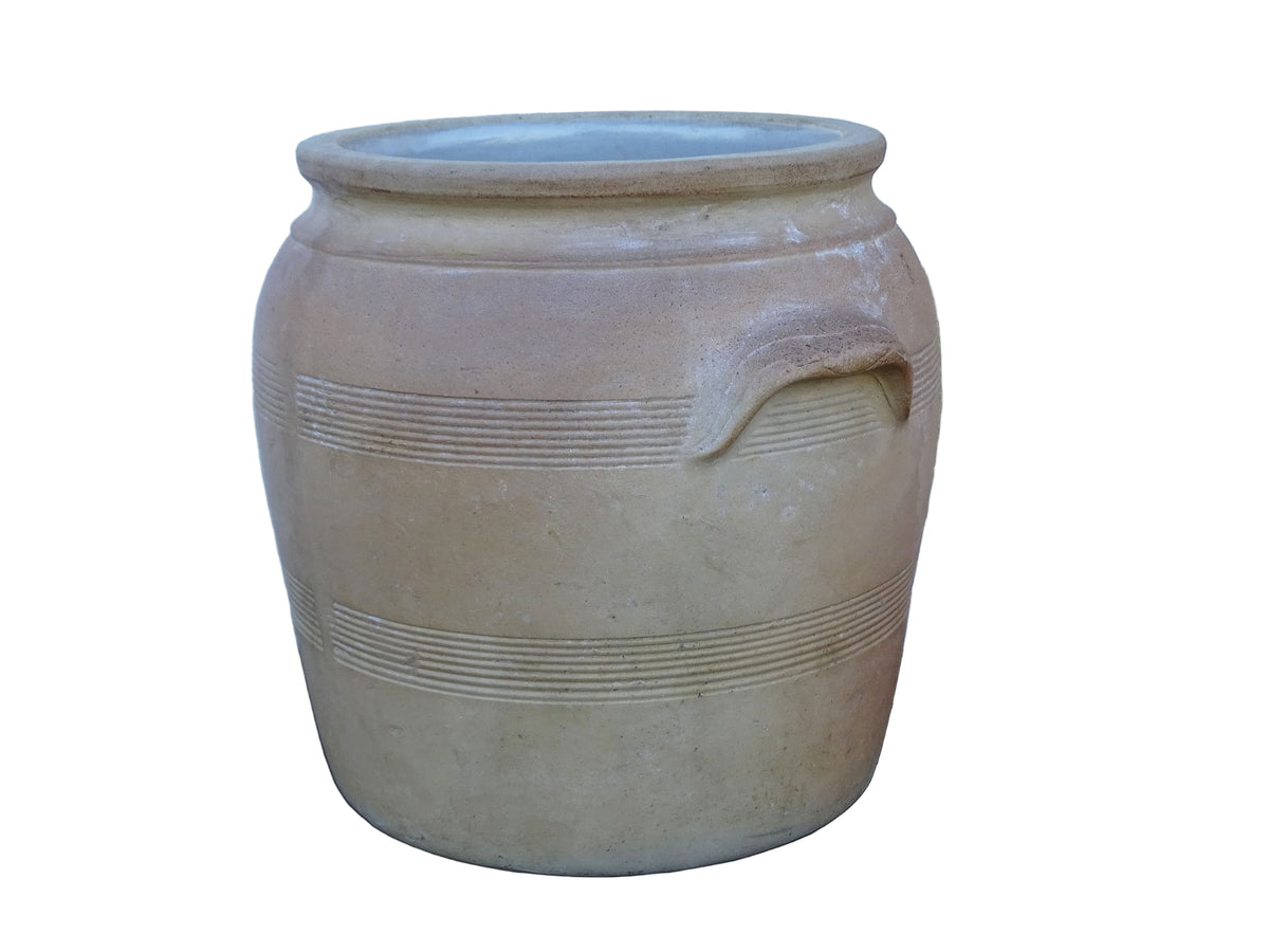 Large French antique stoneware jar with a brown glaze. This old confit pot has two handles.
