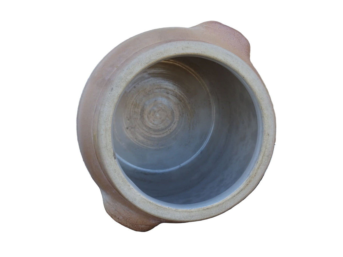 Large French antique stoneware jar with a brown glaze. This old confit pot has two handles.