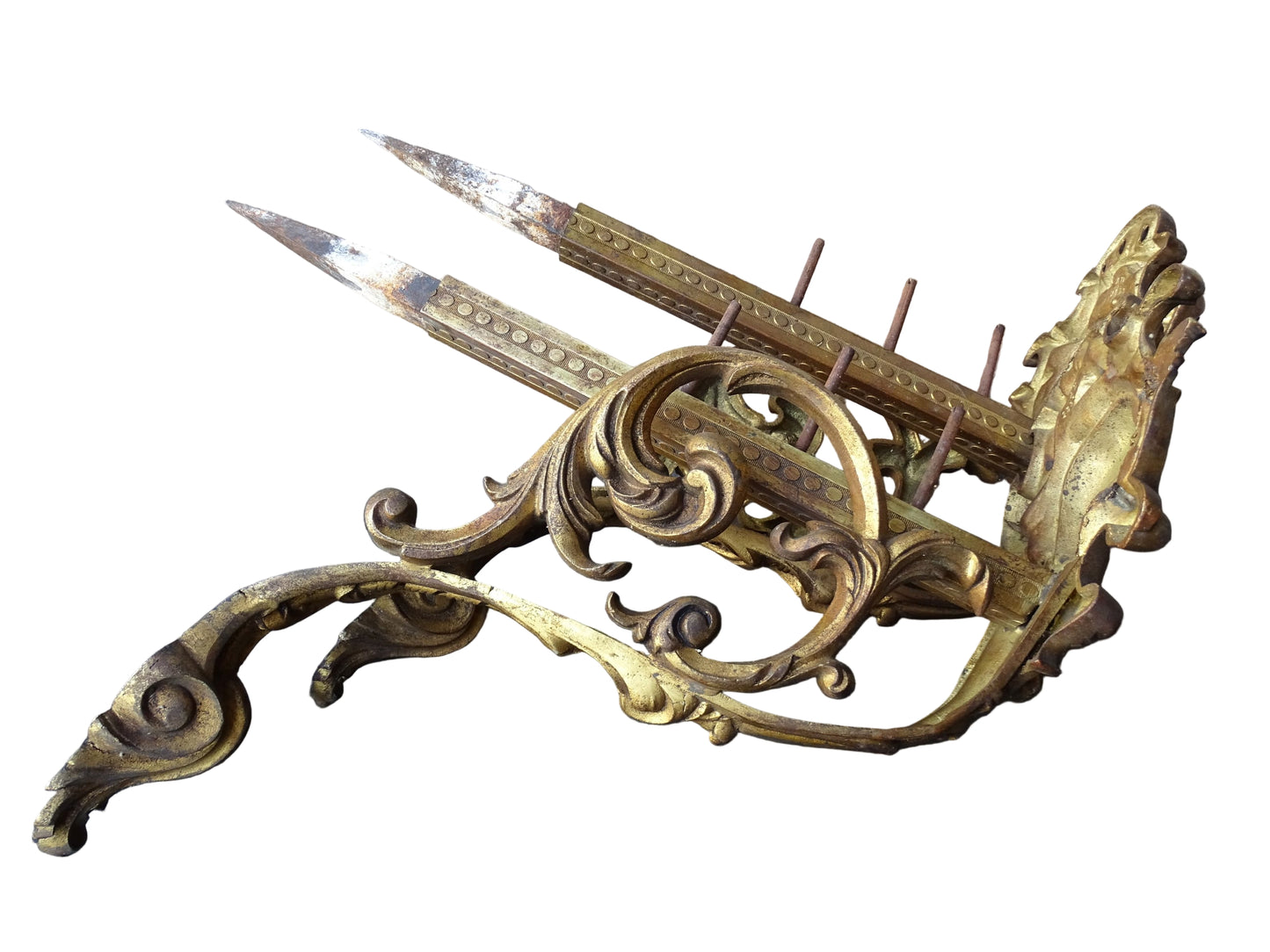 French antique ormolu curtain rod holders. Highly decorative gilt bronze curtain pole brackets.