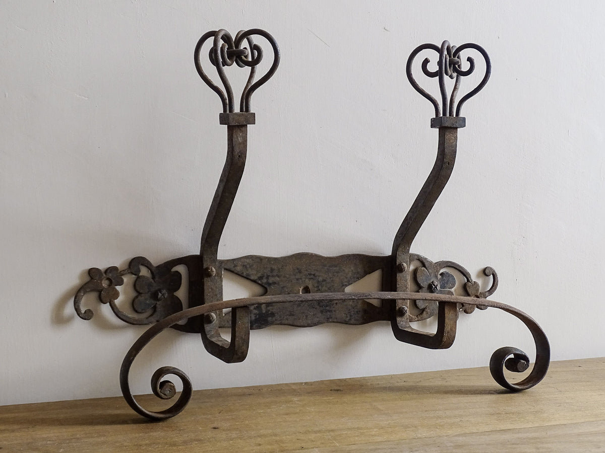French vintage wrought iron coat hooks with crown finials. Hand forged iron porte manteau.