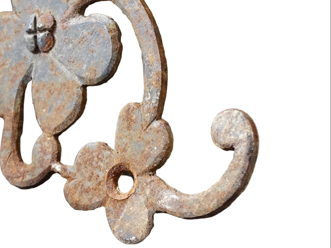 French vintage wrought iron coat hooks with crown finials. Hand forged iron porte manteau.
