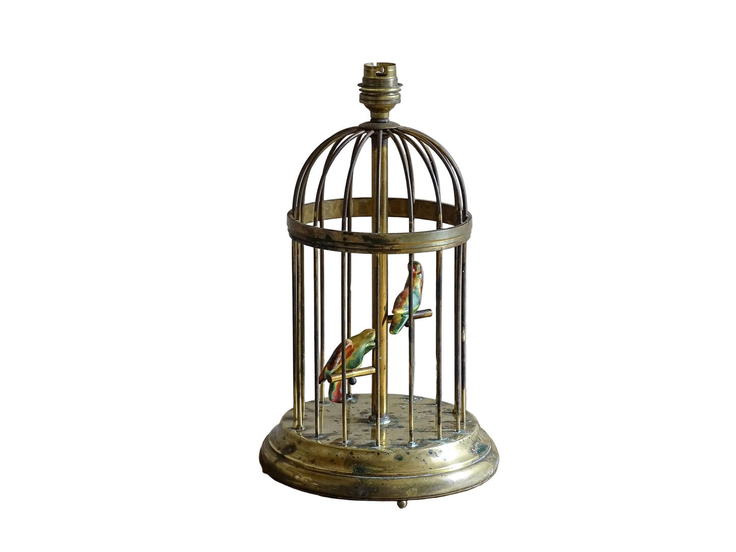 A French vintage brass birdcage lamp base with pretty little ceramic birds perched inside. This sweet lamp base with it's domed form and stepped base is highly distinctive. It dates from circa 1950.