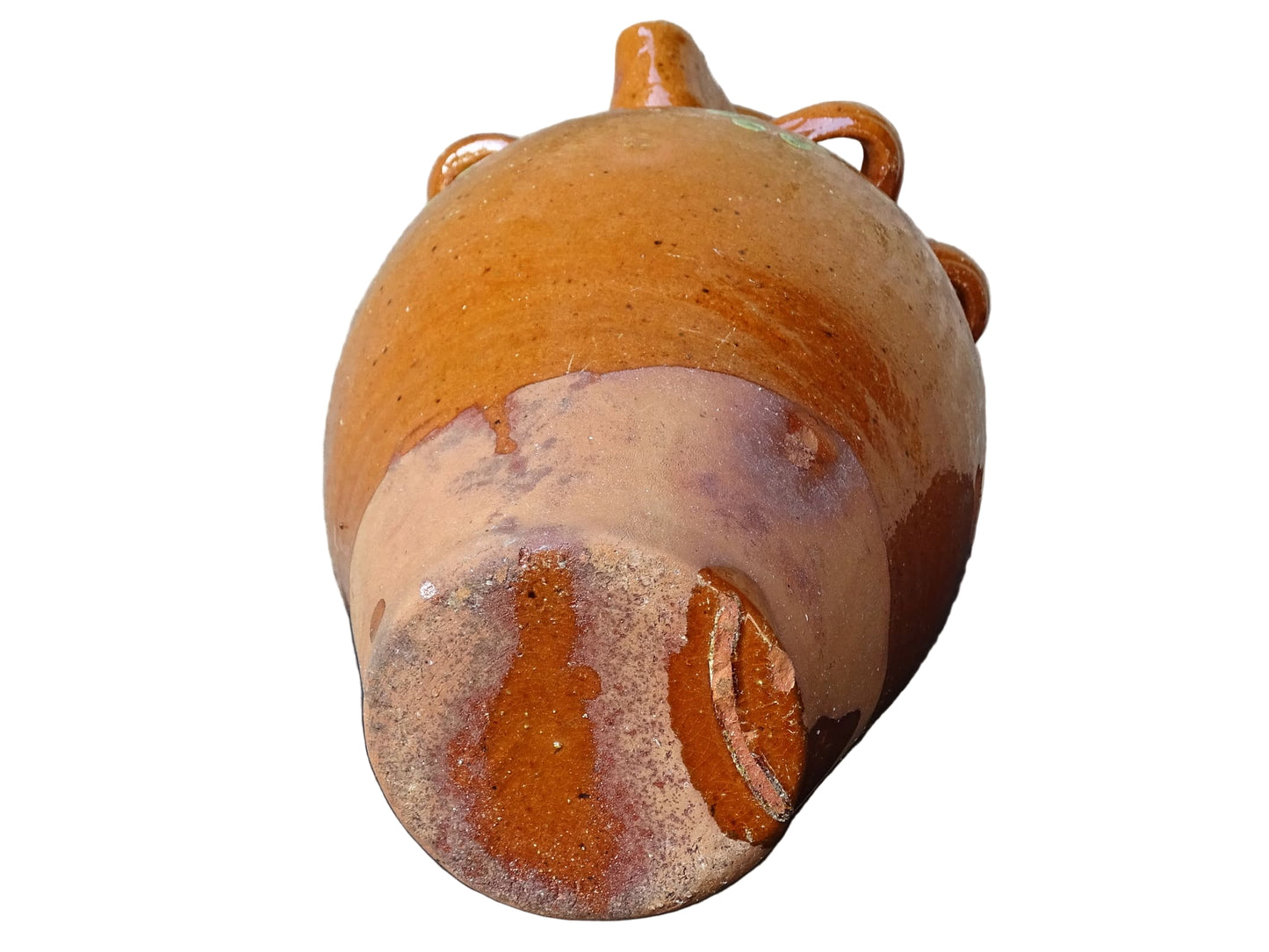 French antique terracotta pitcher from Savoie with orange glaze and yellow dots. Savoyard pottery jug with applied detailing.