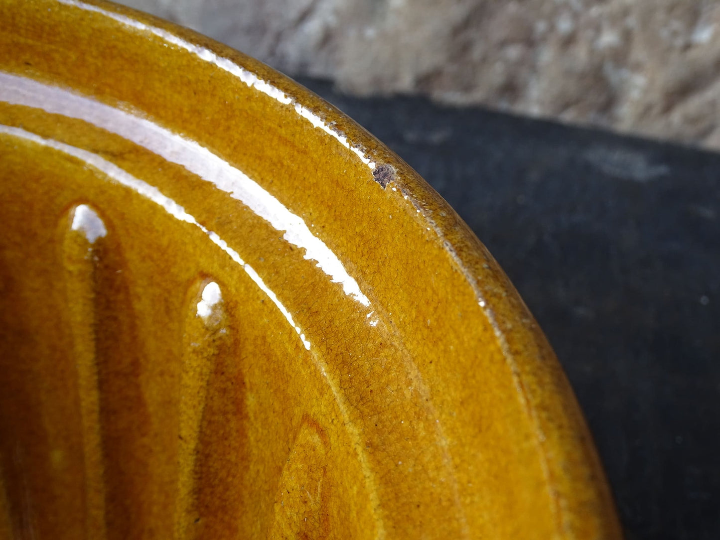 French vintage ceramic mould with a yellow glaze interior and unglazed exterior.
