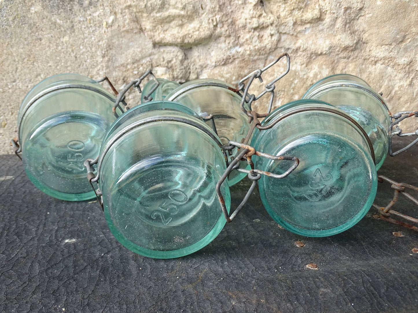 Set of 5 French vintage glass preserving jars by L'Ideale in 250ml size. Aqua blue glass jars.
