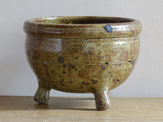 French vintage ceramic colander with brown glaze and three feet