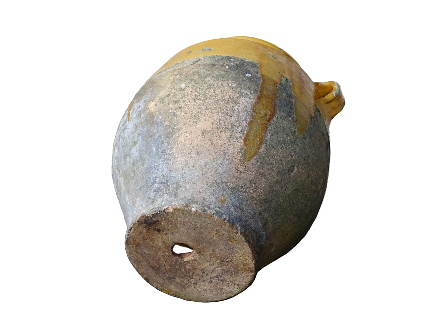 French antique confit pot with mustard yellow glaze. Terracotta jar with two handles.