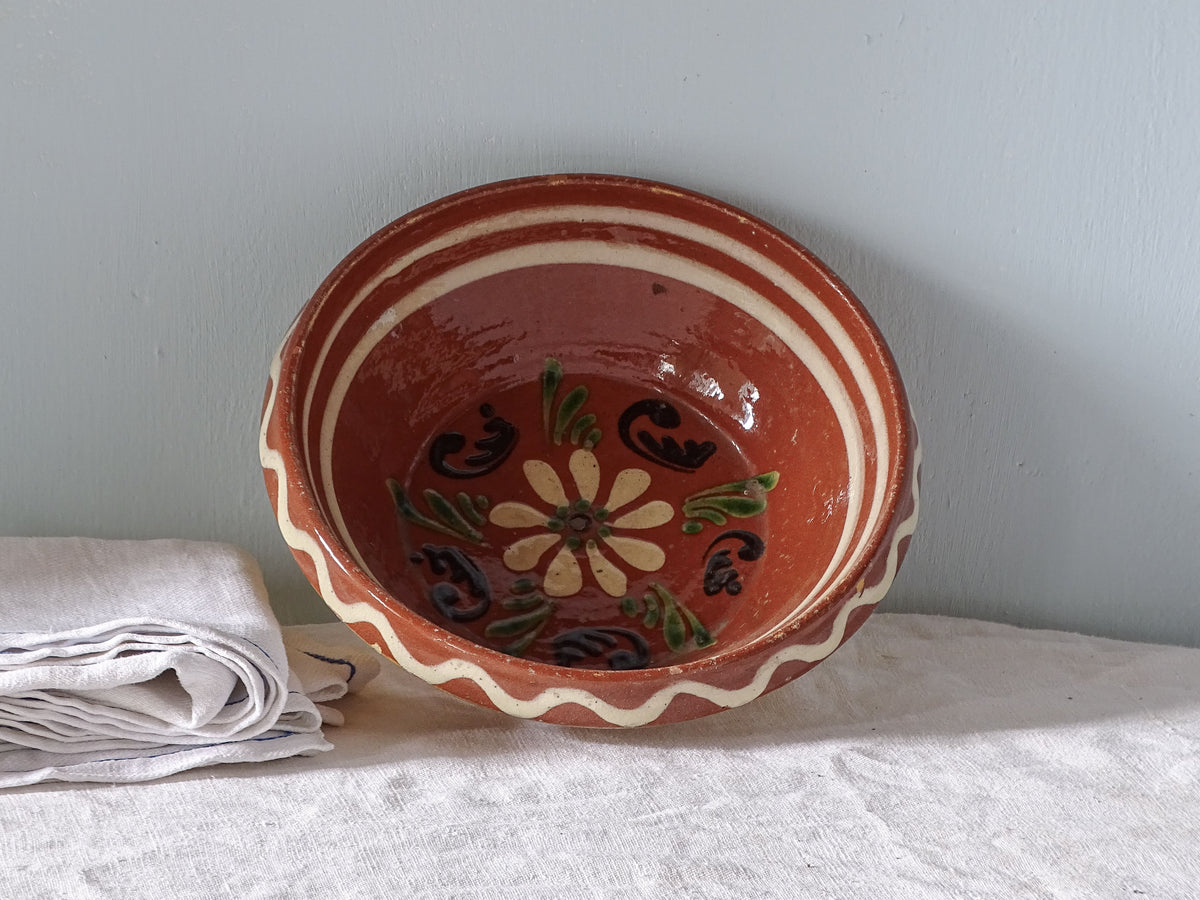 Small French vintage ceramic bowl with hand-painted flowers from Alsace