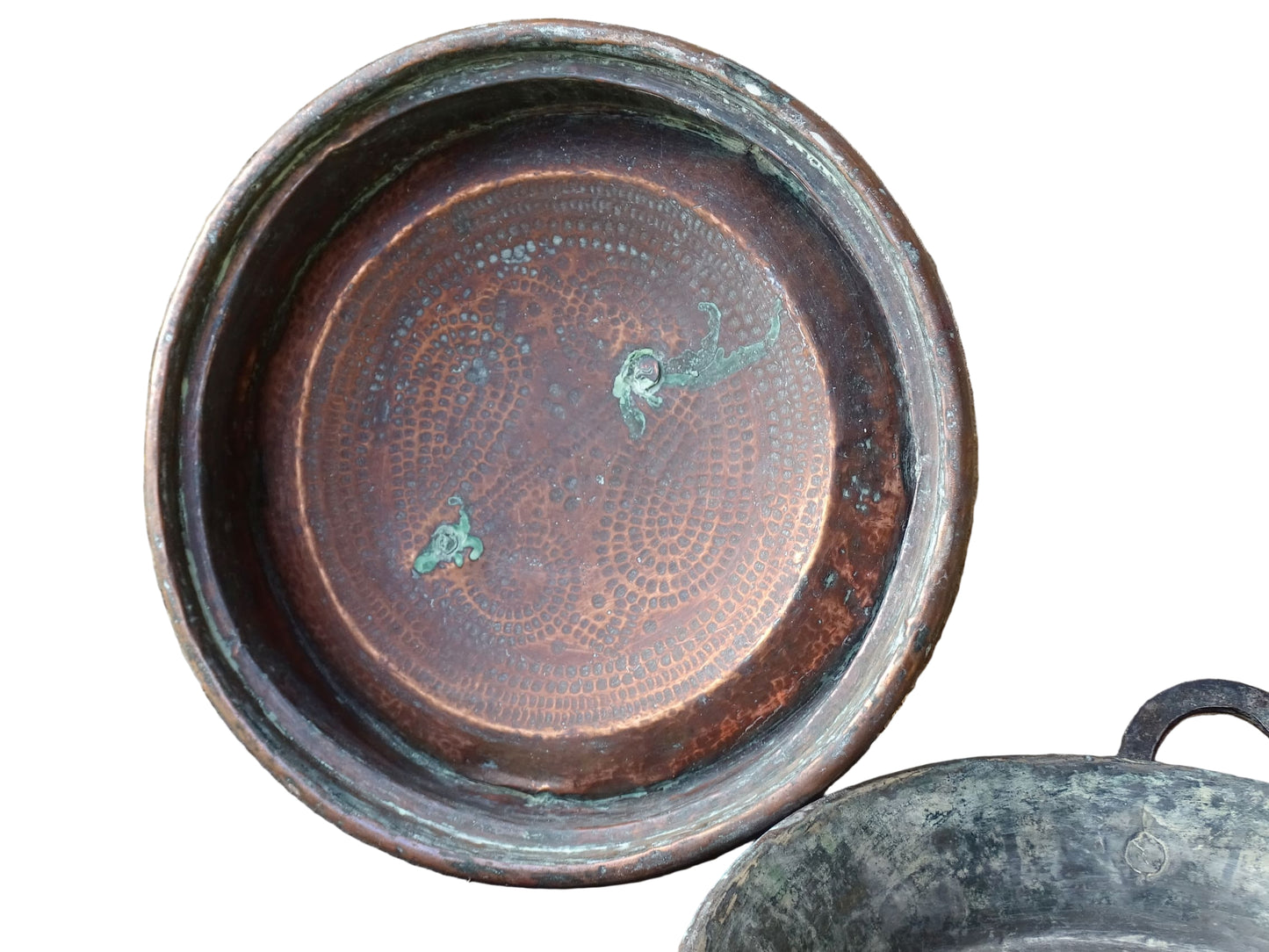 French antique copper pan with lid and wrought iron handles. 19th century copper tourtiere.