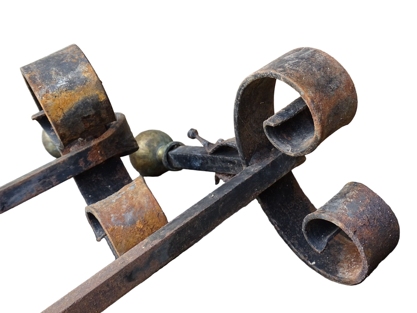 Pair of French antique wrought iron andirons or firedogs with brass finials.