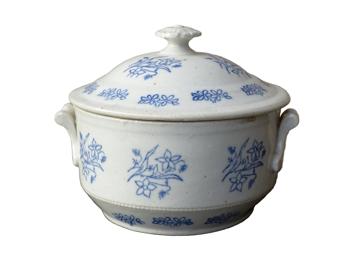 French antique stoneware tureen with blue and white glaze from Saint Uze. Individual soup bowl with lid.