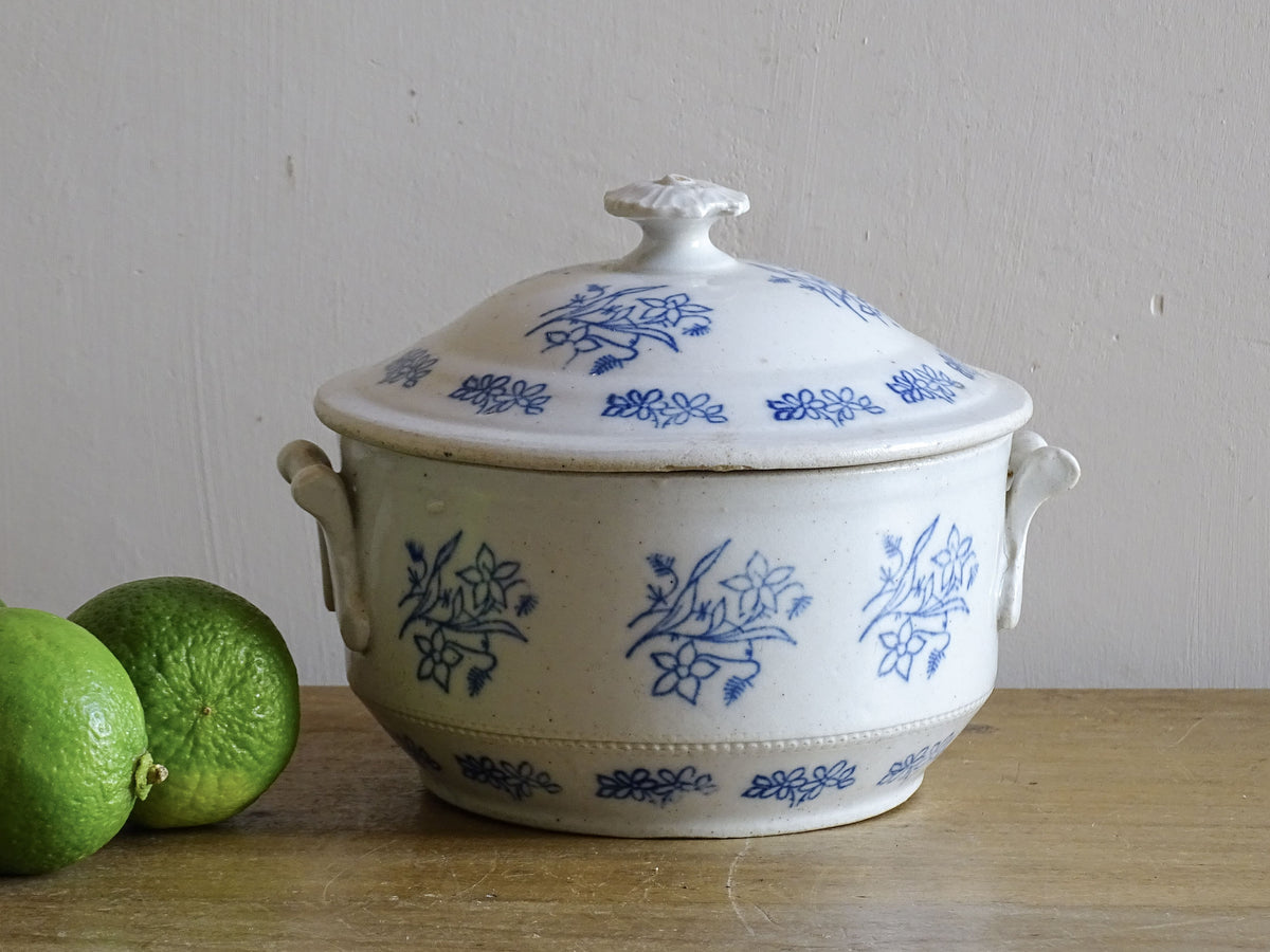 French antique stoneware soup tureen with blue and white glaze