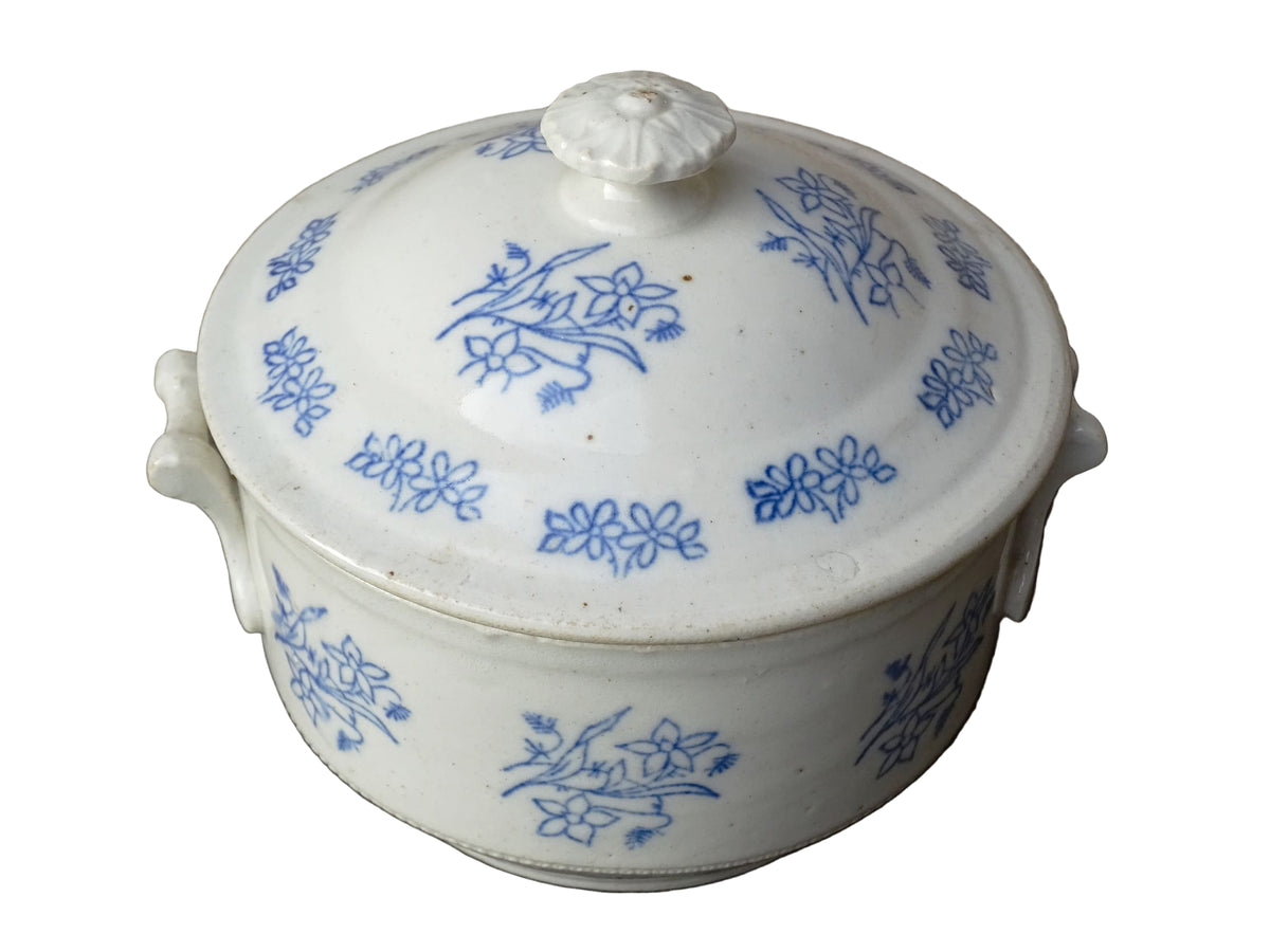 French antique stoneware tureen with blue and white glaze from Saint Uze. Individual soup bowl with lid.