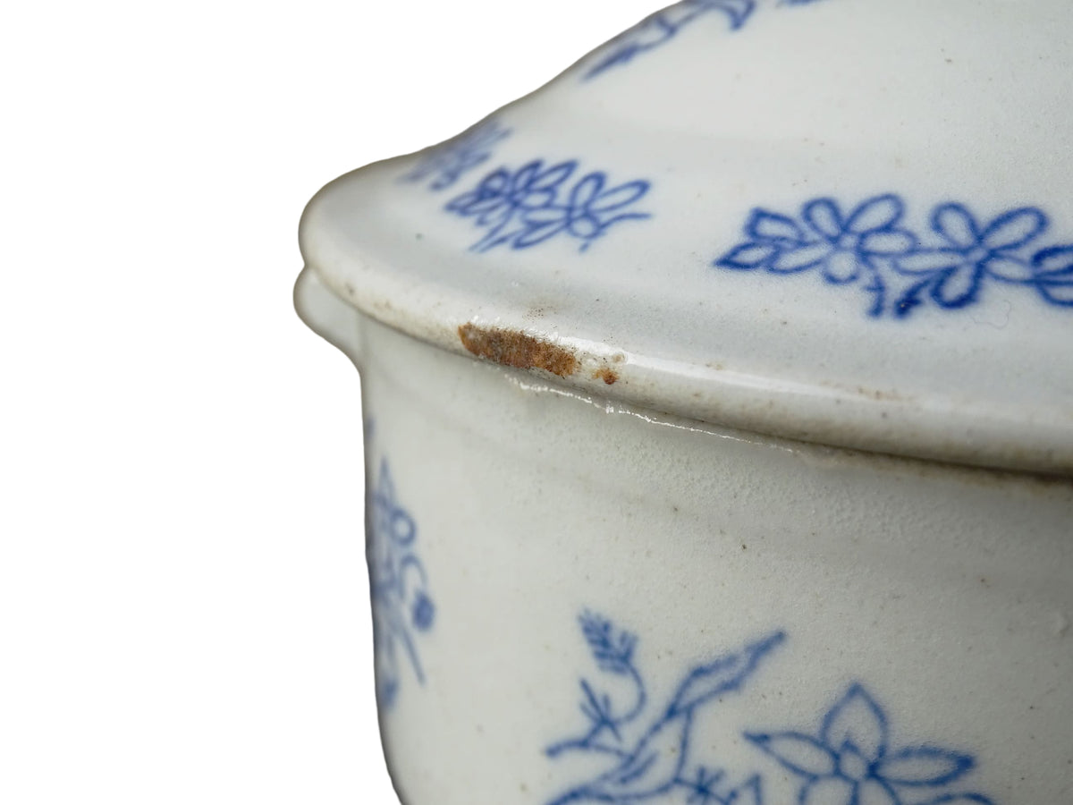 French antique stoneware tureen with blue and white glaze from Saint Uze. Individual soup bowl with lid.
