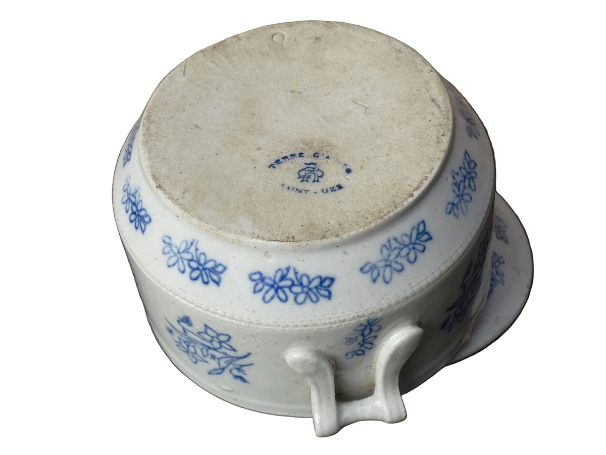 French antique stoneware tureen with blue and white glaze from Saint Uze. Individual soup bowl with lid.
