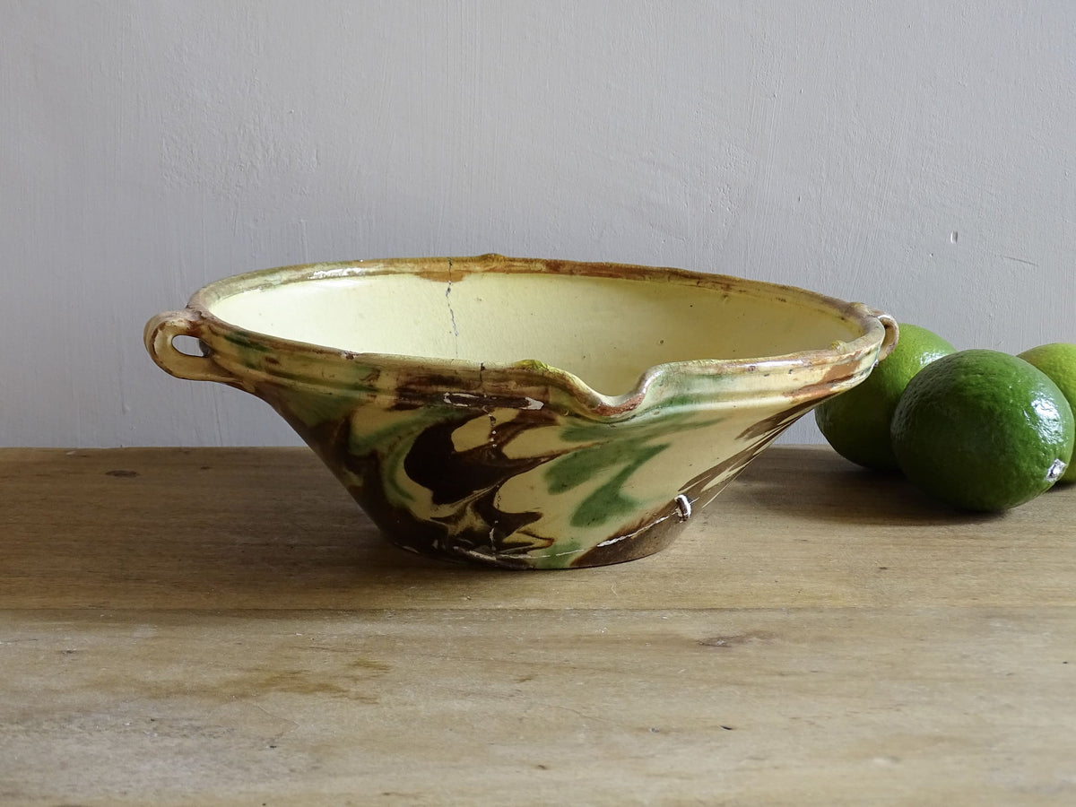 French antique ceramic bowl with Jaspe glaze from Savoie. Savoyard pottery bowl with yellow, green and brown glaze. Old tian bowl.