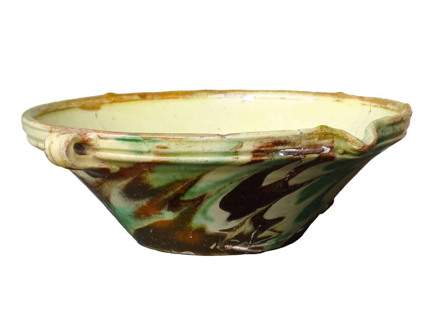 French antique ceramic bowl with Jaspe glaze from Savoie. Savoyard pottery bowl with yellow, green and brown glaze. Old tian bowl.