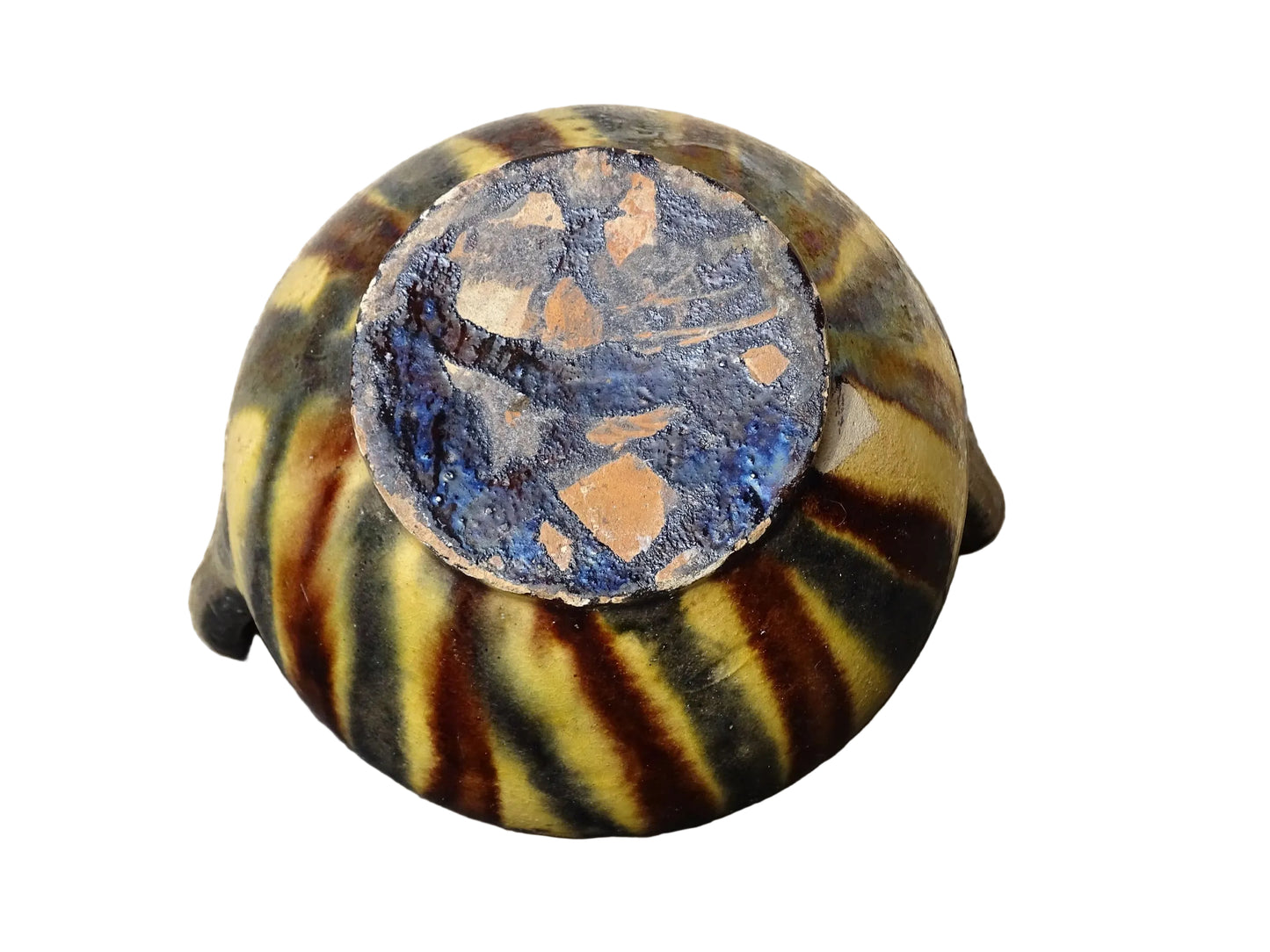 French antique ceramic jug or orjol with striped glaze. Glazed terracotta pitcher with yellow, black and brown glaze.