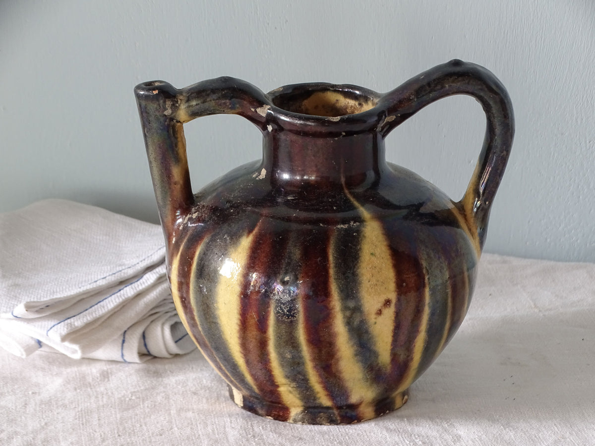 french antique ceramic orjol jug with striped glaze