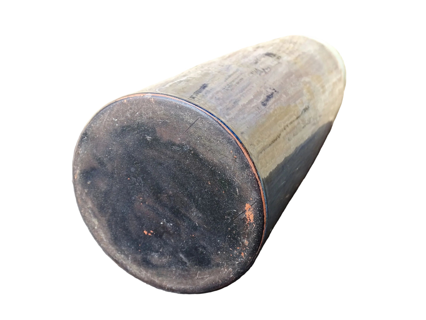 Vintage ceramic vase with a blue and cream glaze. Tall glazed terracotta vase, signed.