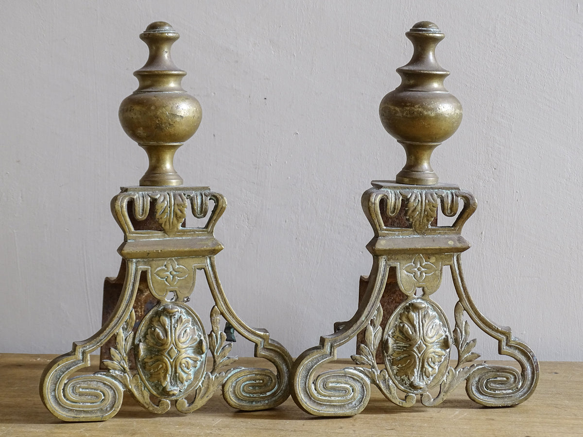 Pair of ornate brass andirons, French antique firedogs