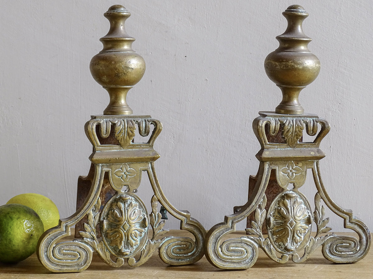 French antique brass andirons with finials and scrolls, old andirons