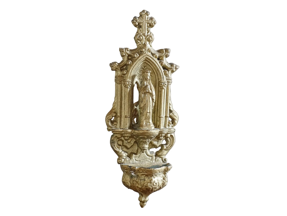French Antique Holy Water Font with Virgin Mary Statue. This is a decorative gilt metal wall plaque from the early 1900's.