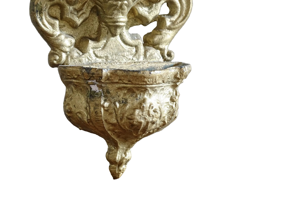 French Antique Holy Water Font with Virgin Mary Statue. This is a decorative gilt metal wall plaque from the early 1900's.