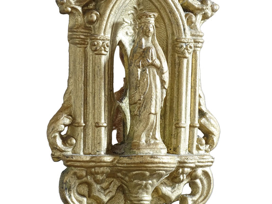 French Antique Holy Water Font with Virgin Mary Statue. This is a decorative gilt metal wall plaque from the early 1900's.