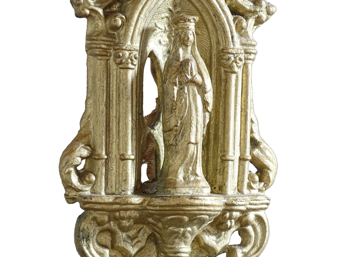 French Antique Holy Water Font with Virgin Mary Statue. This is a decorative gilt metal wall plaque from the early 1900's.